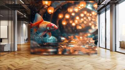 A serene underwater scene featuring a goldfish and glowing lanterns. Wall mural