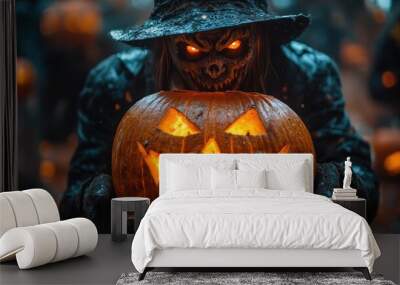 A sinister figure holds a glowing jack-o'-lantern in a spooky setting. Wall mural