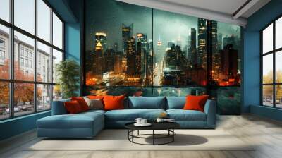 Blurry cityscape through rainy window Wall mural