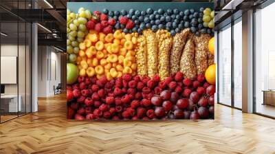 Colorful arrangement of various fruits and snacks on a table. Wall mural