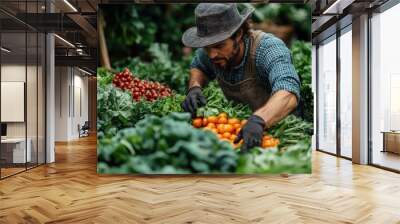 Farmer arranging fresh produce in a lush market setting. Wall mural