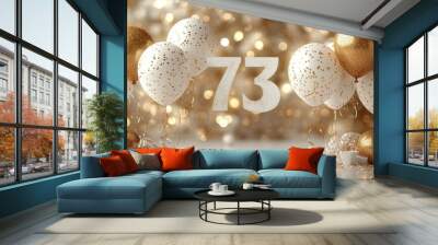 Festive scene with balloons and confetti celebrating the number 73. Wall mural