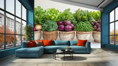 Fresh vegetables displayed in rustic pots for healthy eating. Wall mural