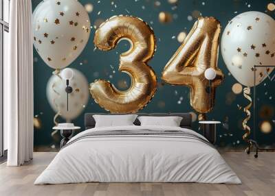 Golden balloons displaying the number 34 for a celebration. Wall mural