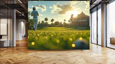 Golfer on a lush green course at sunset near an elegant mansion. Wall mural