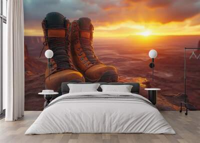 Hiking boots on a rocky ledge at sunset in a scenic landscape. Wall mural