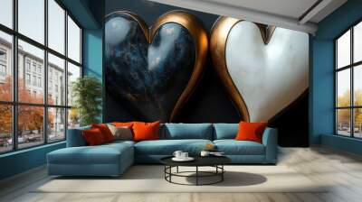 Two artistic heart sculptures, one dark and one light, symbolizing contrast. Wall mural