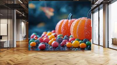 Two pumpkins surrounded by colorful candy for Halloween festivities. Wall mural