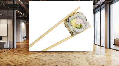 california sushi roll in chopsticks isolated on white background Wall mural