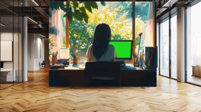 anime girl working on her computer background for music, green screen. Wall mural