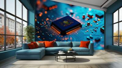 A Pennsylvania themed chip is placed on a detailed circuit board, with glowing connections that emphasize influence in electronics, computing, and tech innovation. Wall mural