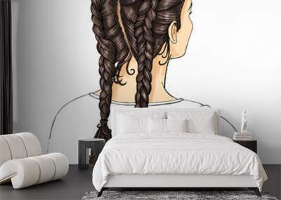 Haircut, two long braids, back view, black hair, vector, for presentation of hair clips, hair ties, shinyen on a white background Wall mural