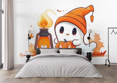 Ghost wearing an orange beanie with a pumpkin and lantern. Wall mural