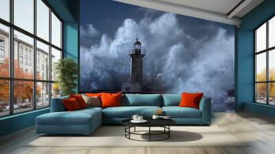 Big wave over old lighthouse Wall mural