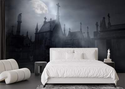 Cemetery in a foggy full moon night Wall mural