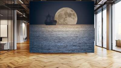 Commercial ship in a full moon night Wall mural