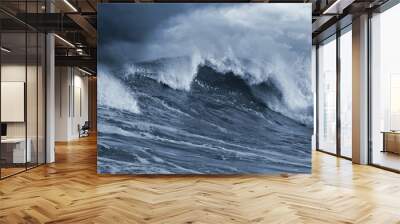 Detailed Atlantic stormy big wave; toned blue, enhanced sky Wall mural