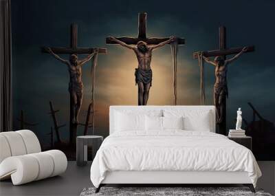 Illustration of the Three Crosses. Crucifixion of Jesus Christ with the two thieves. Generative AI. Wall mural