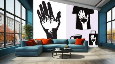 Five-Finger Hand Gesture Front View with Grunge Effect in Retro Style for T-Shirt, Tote Bag, and Cup Design. Merchandise and Print. Mock-up templates Included. Wall mural