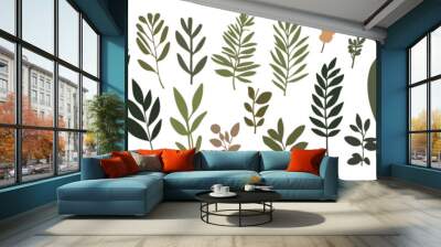 Set of Various Green Plant Leaves Elements Wall mural