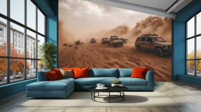 A severe sandstorm in the desert creates a massive brown and dusty cloud, causing extreme weather conditions. Generative AI Wall mural