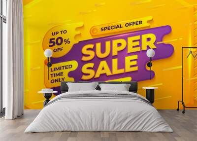 Super sale background with orange, yellow, and purple color. Sale banner template design. Wall mural