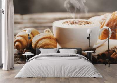 Hot coffee and pastries on a wooden background Wall mural