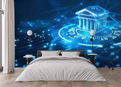 A bank icon on a blue background with white lines and circles in the futuristic style of digital graphics Wall mural