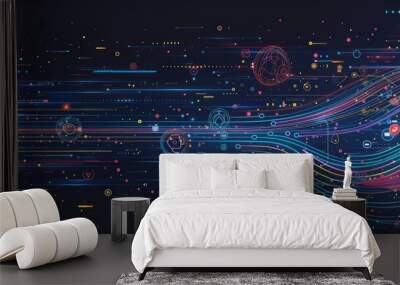 A dynamic background of digital speed lines with icons representing AI Wall mural