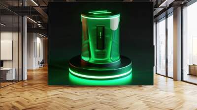 A glowing green battery icon with a dark background is floating in the air Wall mural