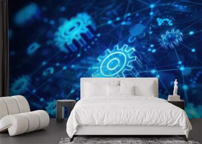 Blue digital background with icons of gears Wall mural