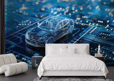 The Future of Automotive Technology: A Transparent Car on a Circuit Board Wall mural