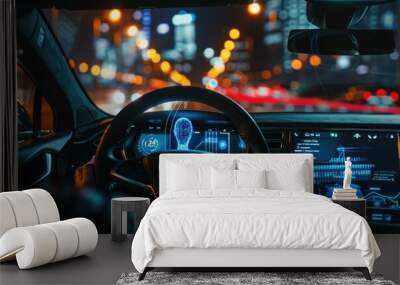 In the interior of a futuristic car, a holographic screen shows driving Wall mural