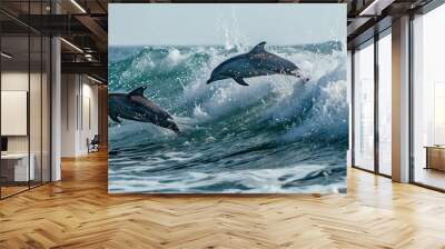 Two dolphins leaping out of the blue ocean water, splashing waves in their wake Wall mural