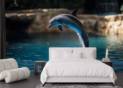 A dolphin is a highly intelligent marine mammal known for its playful nature and acrobatic jumps. These social animals live in pods and use echolocation to navigate and hunt Wall mural