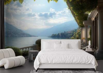 A luxury 5 star hotel facility, an outdoor private patio with Como lake view. An empty villa's terrace with sunbathing bed Wall mural