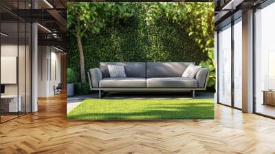 A modern gray sofa with white pillows sits on a green artificial grass rug in front of a lush green wall of plants. Wall mural