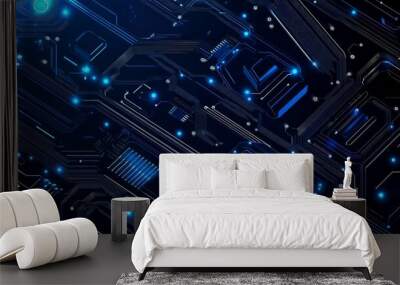 Abstract 3D rendering of a blue glowing circuit board with a dark background. Wall mural