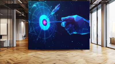 Abstract close-up hands holding a target with bow arrow in a bullseye. Businessman gesture protecting virtual blue dartboard. Business Achievement objective target concept in futuristic low poly style Wall mural