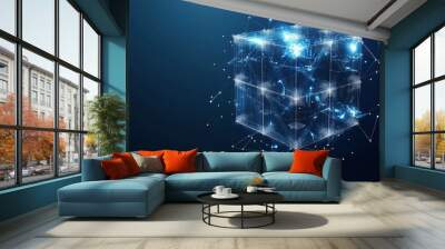 Abstract glowing blue cube with connected lines and dots. Wall mural