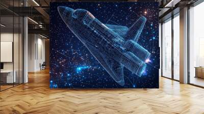 Abstract image of a space shuttle in the form of a starry sky or space, consisting of points, lines, and shapes in the form of planets, stars and the universe. Cosmos vector wireframe concept Wall mural