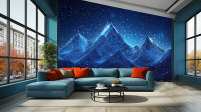 Abstract night Mountains digital landscape. Digital low poly wireframe vector illustration with 3D effect. Panorama of geometric peaks and starry sky on a technology blue background. Connected dots Wall mural