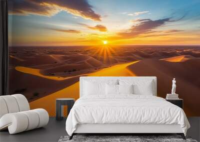 Aerial View of sand dunes at sunset in the Sahara desert, Djanet, Algeria, Africa. Wall mural