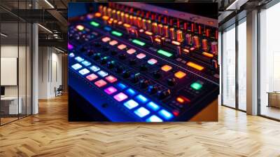 Concert sound mixer panel with volume regulators. Professional audio and light equipment for sound recording studio, live music broadcasting, television, party. mixing console. audio signals Wall mural