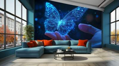 Digital butterfly flies away from hand. Future transform or technology innovation concept. Abstract close-up hand and butterfly in low poly wireframe style. Blue hologram x-ray beautiful insect Wall mural