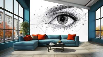 Eye low poly wireframe isolated black on white background. Abstract mash line and point origami. Vector polygon illustration. Technoligy eyes with geometry triangle. Light connection digital structure Wall mural