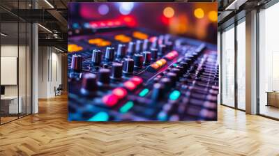 Modern sound mixer console with colorful buttons and sliders, set against the backdrop of a live music venue Wall mural