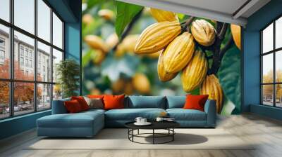 Yellow Cacao pods grow on trees. Ripe cacao fruits, There are many ripe cacao fruits all over the tree. plant cocoa fruit plantation Wall mural