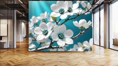 An HD image of a branch of blooming white dogwood flowers against a striking turquoise blue backgro Wall mural