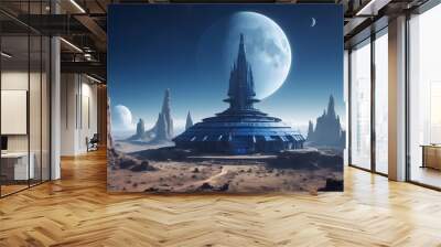 distant view of a large round indigo temple in the center of a futuristic community. Extraterrestrial landscape. Planet SIRIUS. The moon and stars can be seen in the sky even during the day. Wall mural